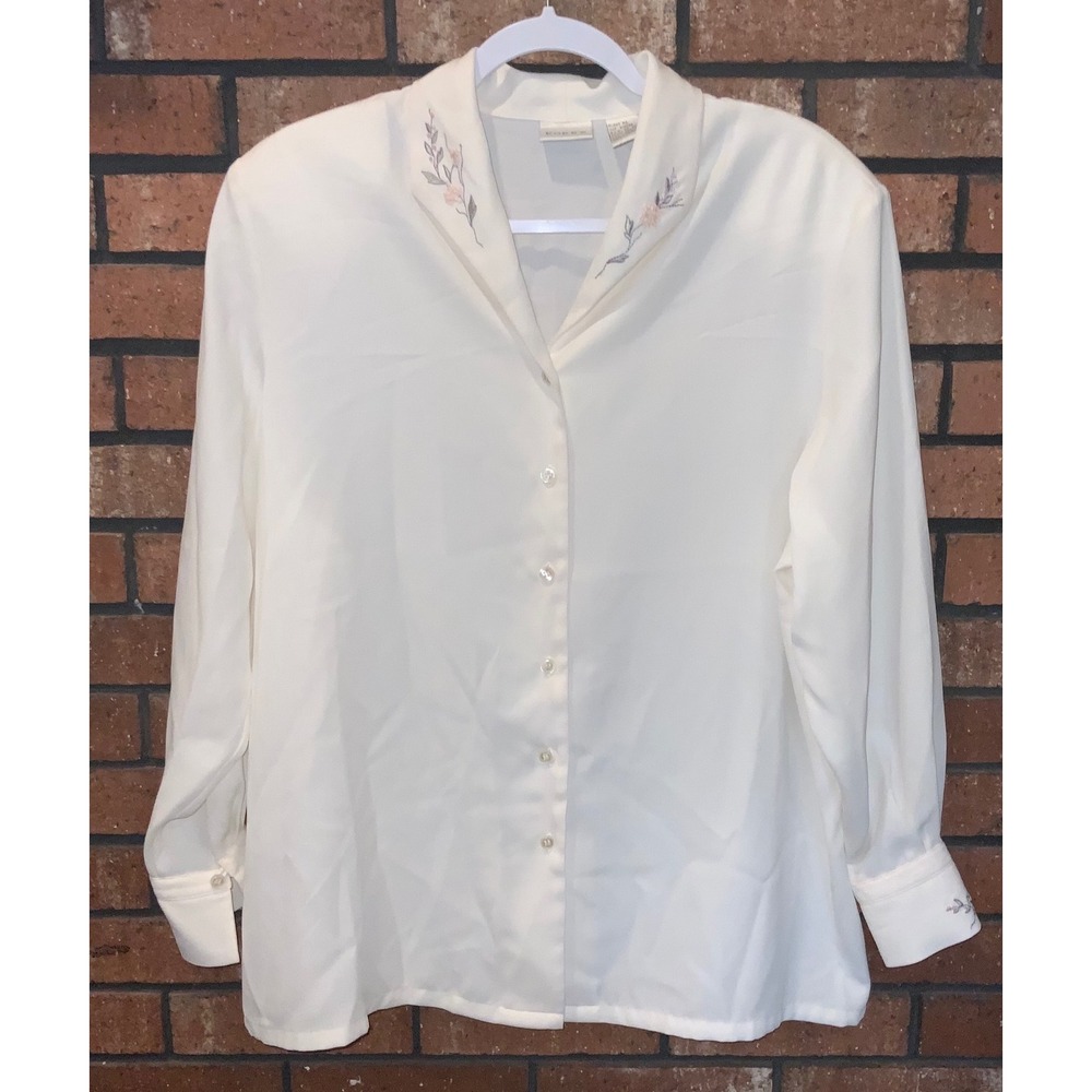 Koret Vintage Cream Floral Embroidered Shawl Collar Blouse Plus Size 16W